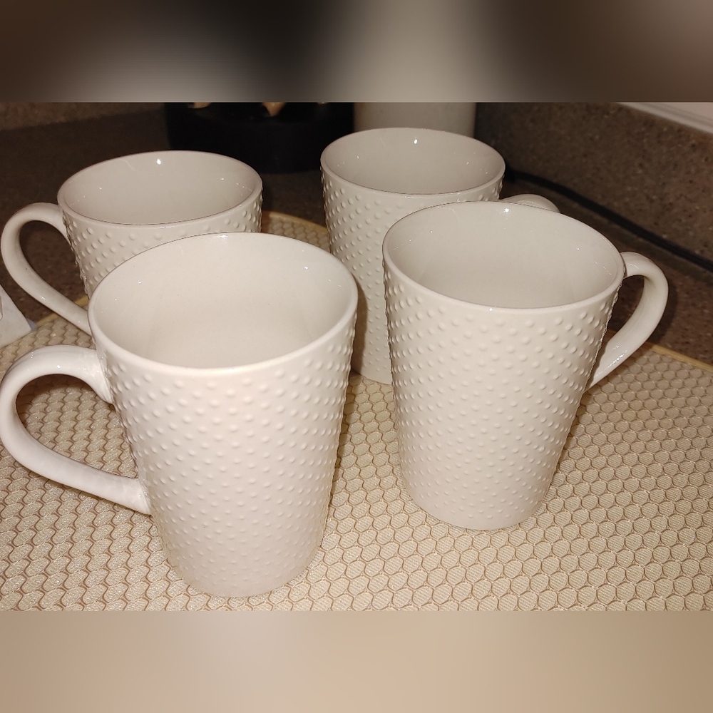 Home Essentials & Beyond, swiss dot collection. Four mugs. Textured. Never used